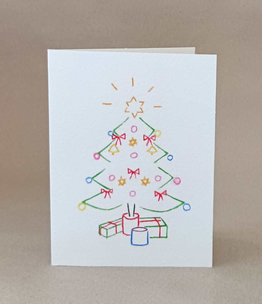 Decorated Christmas Tree card hand drawn from hand cut stencils, handmade 