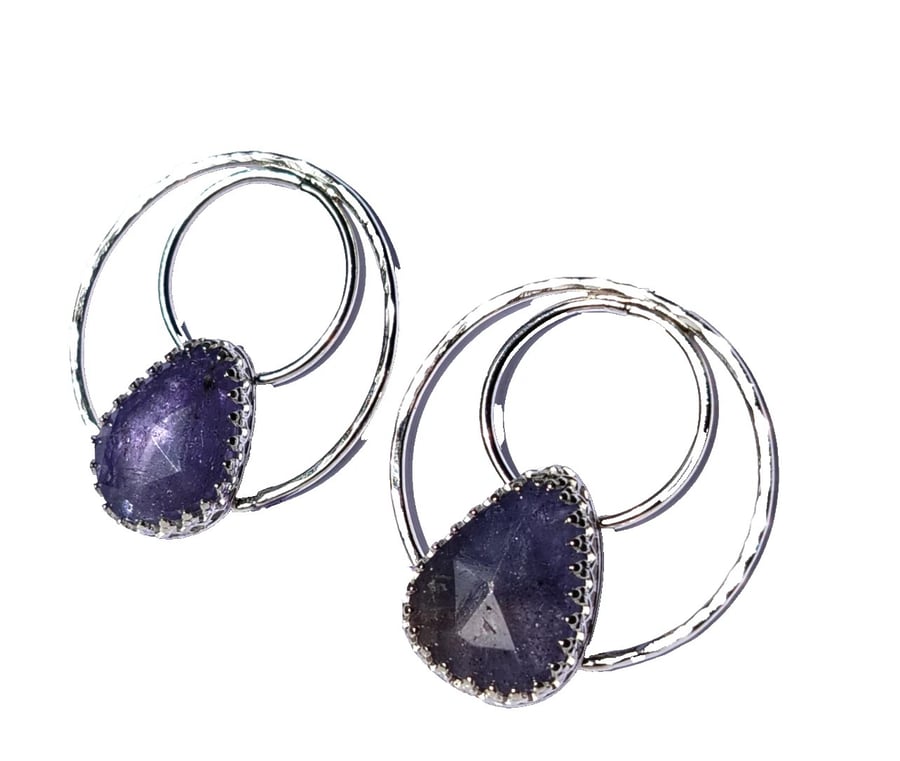 Tanzanite Earrings Recycled Silver Jewellery Gift Rose Cut Gemstone Hoops