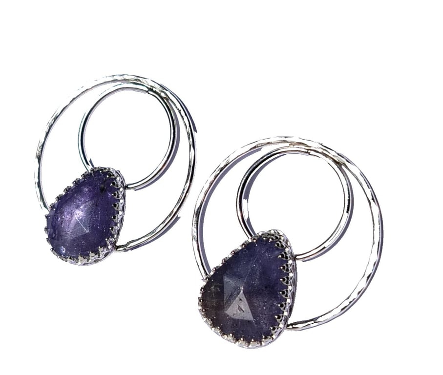 Tanzanite Earrings Recycled Silver Jewellery Gift Rose Cut Gemstone Hoops