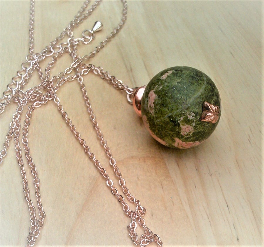 Green Unakite Pendant Necklace, Rose Gold Green Gemstone Long Chain Necklace