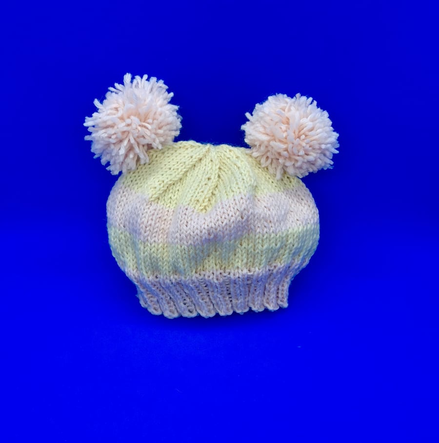 Double Pom Pom Hat Pale Pink & Cream 3-6 months