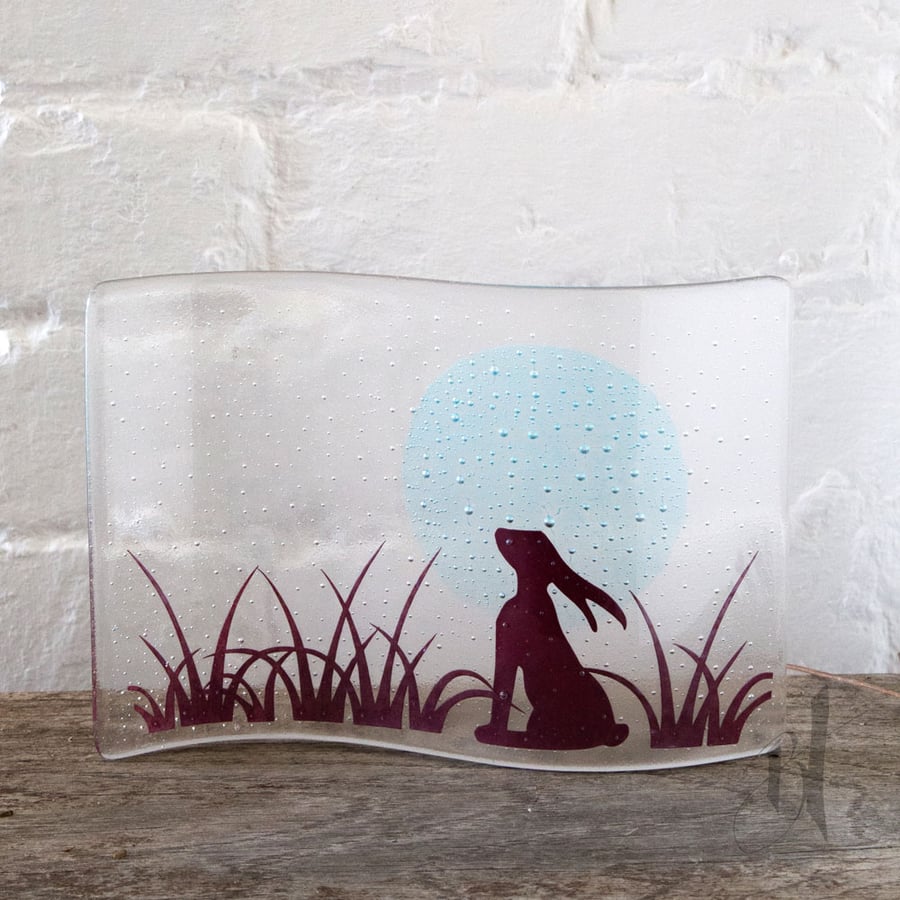 Moongazing Hare Fused Glass Wave, gift for a nature lover, to the moon and back