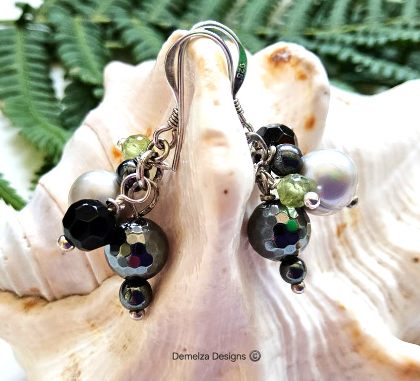 Huggie Pearls, Onyx, Peridot & Heamotite Silver Earrings 