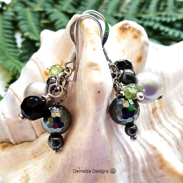 Huggie Pearls, Onyx, Peridot & Heamotite Silver Earrings 