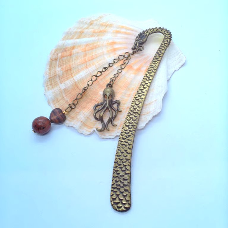 Dragon Bookmark With Jasper Beads and Bronze Octopus Charm, Book Lovers Gift