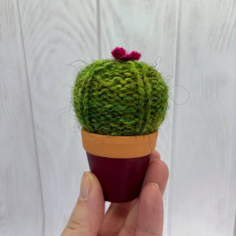 Hand Knitted Cactus with Pink Bloom in terracotta pot -  Pin cushion