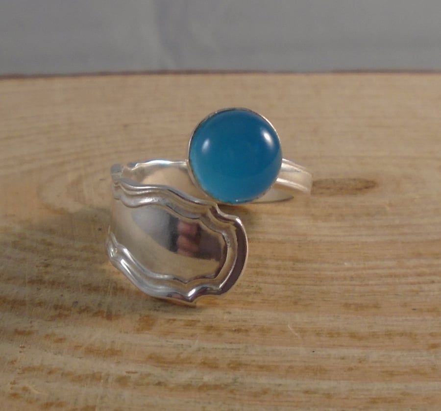 Sterling Silver Upcycled Blue Chalcedony Dubarry Spoon Handle Ring