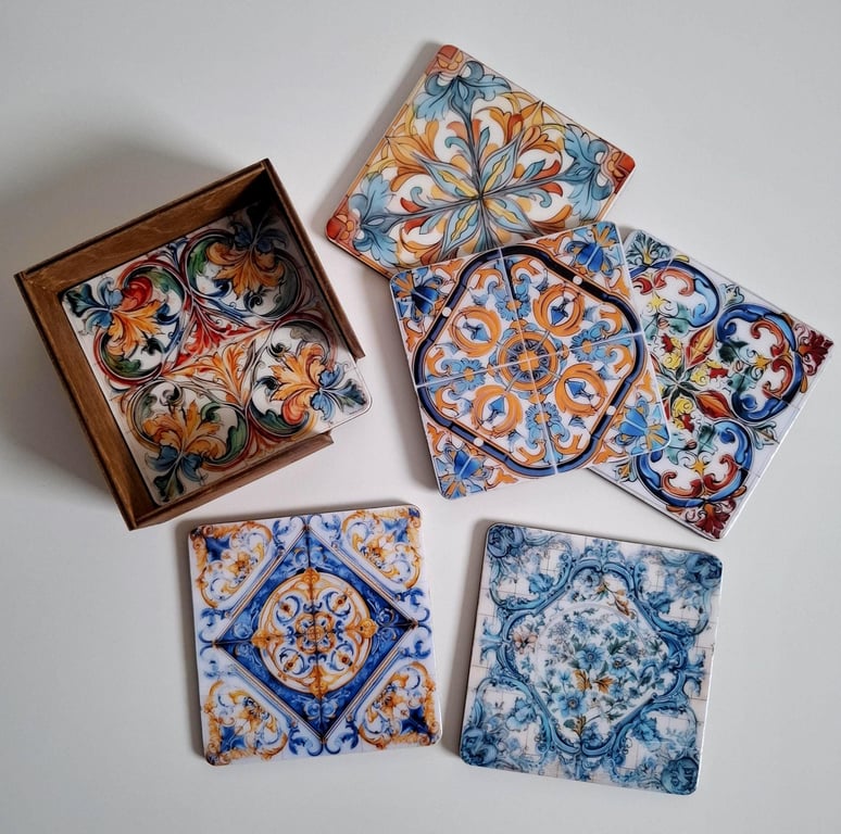Handmade Mediterranean Tile Coasters with Holder