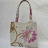 Handbag with Embroidery on Linen Style Fabric. Pink Flower Design