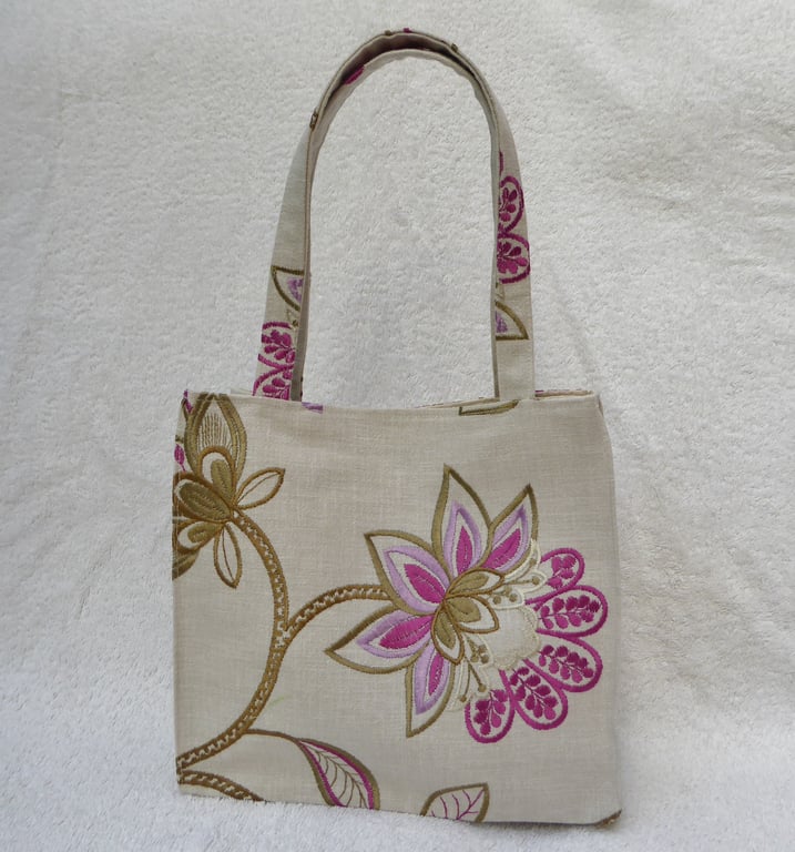 Handbag with Embroidery on Linen Style Fabric. Pink Flower Design