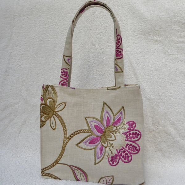 Handbag with Embroidery on Linen Style Fabric. Pink Flower Design