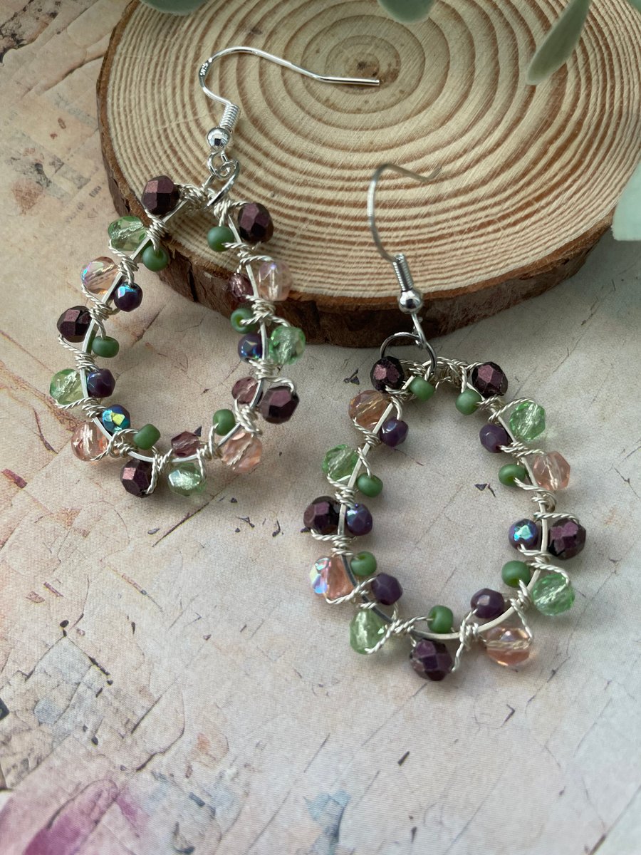 Pretty delicate beaded hoop dangle earrings, ladies artisan statement earrings 