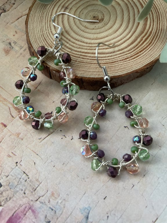 Pretty delicate beaded hoop dangle earrings, ladies artisan statement earrings 