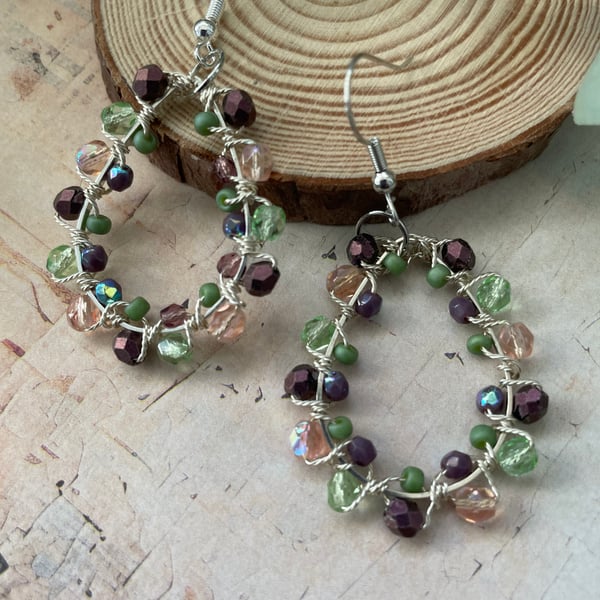 Pretty delicate beaded hoop dangle earrings, ladies artisan statement earrings 