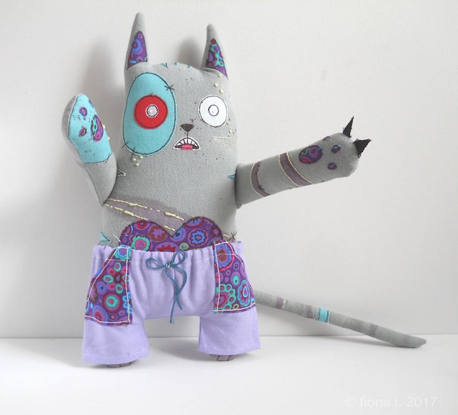 large freehand embroidered zombie kitty - hand embroidered hand painted
