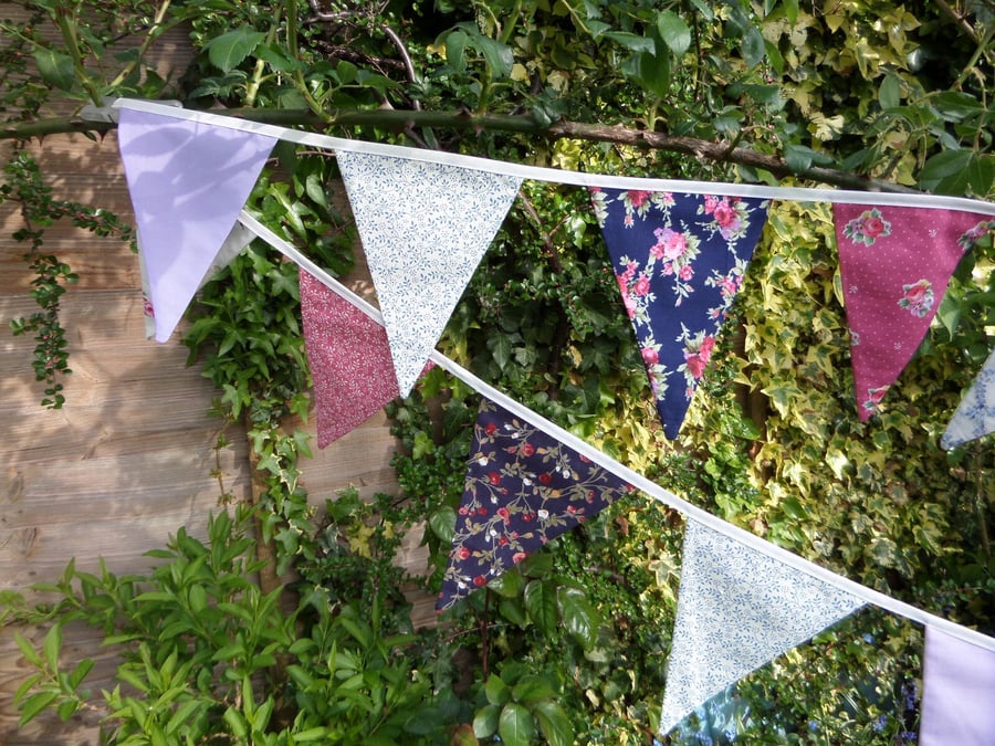 Bunting - 14 flags 8ft long with ties, cream, lavender, and vintage blues