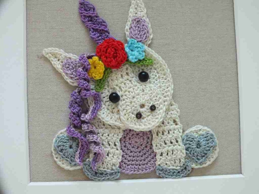 Crocheted unicorn picture - "Beatrice"