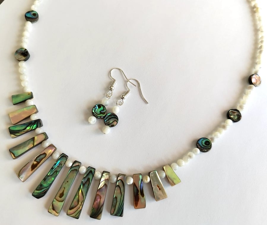 Paua Abalone & Mother of Pearl Shell Necklace & Earrings Jewellery Gift Set