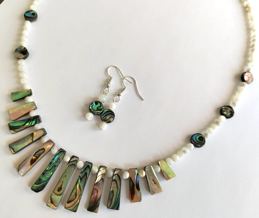 Paua Abalone & Mother of Pearl Shell Necklace & Earrings Jewellery Gift Set