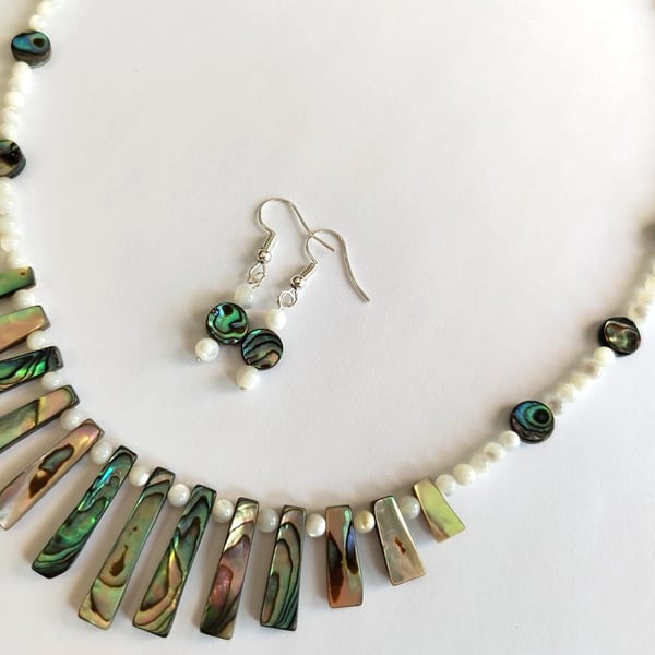 Paua Abalone & Mother of Pearl Shell Necklace & Earrings Jewellery Gift Set
