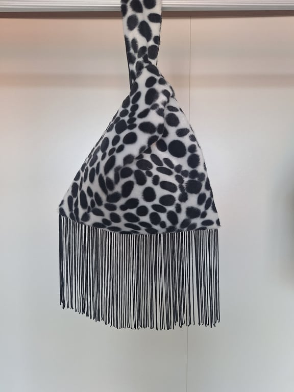 Animal Dalmatian print faux fur fabric Japanese Knot bag with 13cm black tassel 