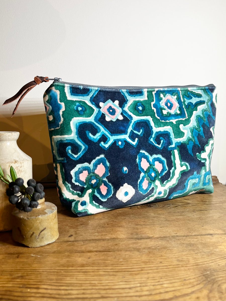 Navy teal and pink velvet large zip pouch with reclaimed linen lining