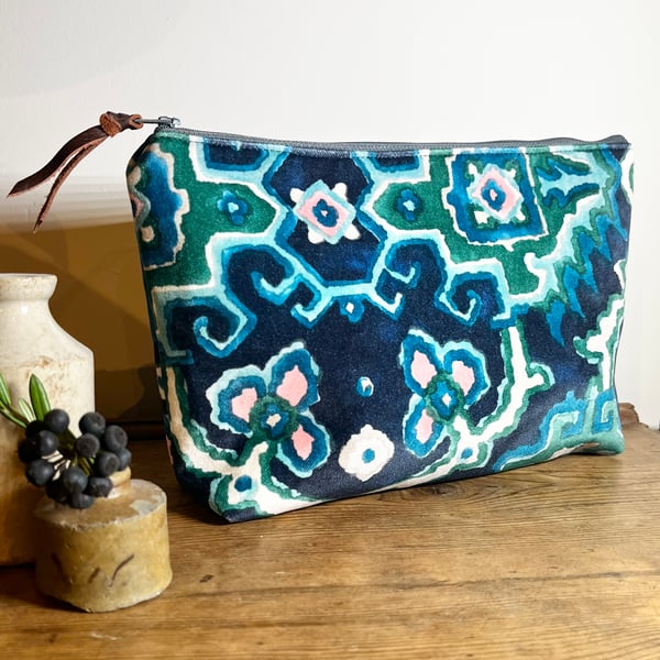 Navy teal and pink velvet large zip pouch with reclaimed linen lining