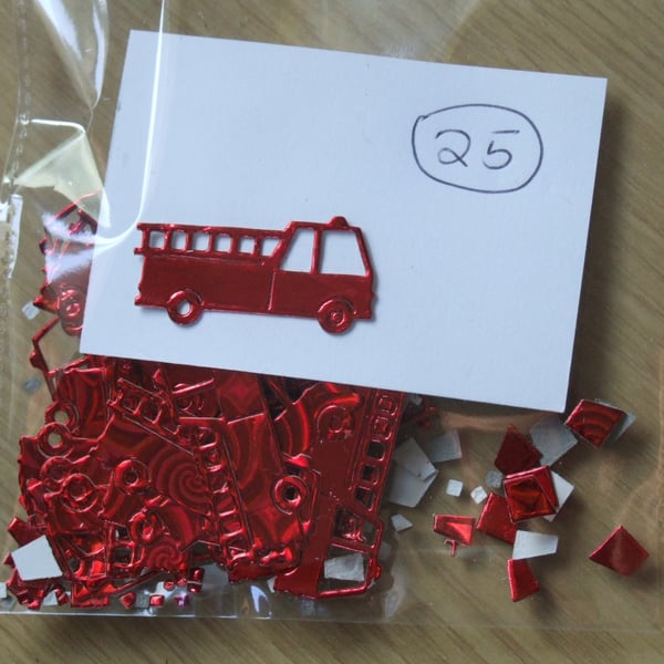 25 red fire engine Sizzix die cuts for embellishing cards, table decoration.