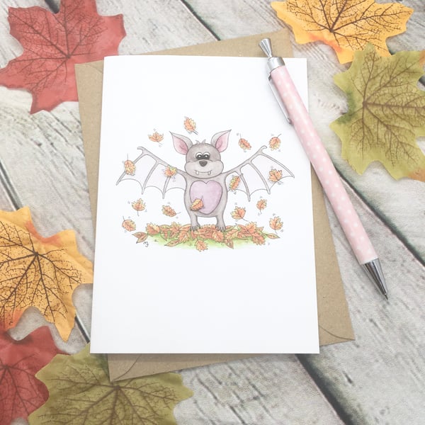 Bat & Autumn Leaves Card - Blank - Any Occasion - Halloween 