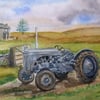 Original watercolour Massey Ferguson TE20 tractor in a rural moorland setting