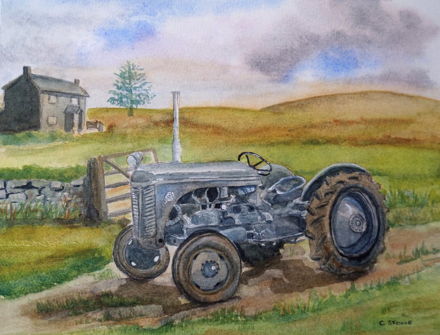 Original watercolour Massey Ferguson TE20 tractor in a rural moorland setting