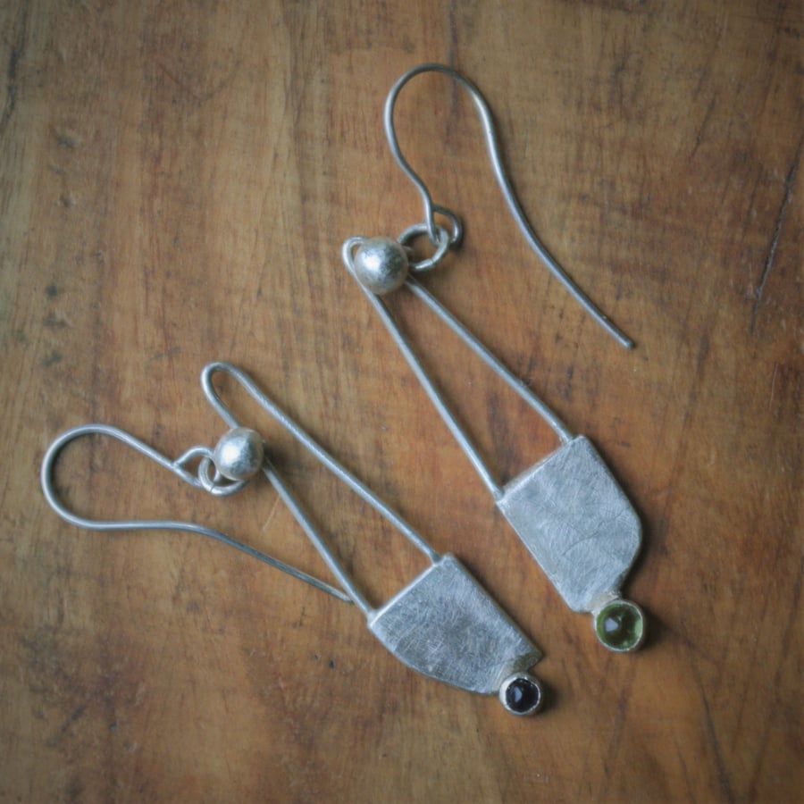 Sterling Silver Long  Dangle Peridot and Amethyst Earrings 