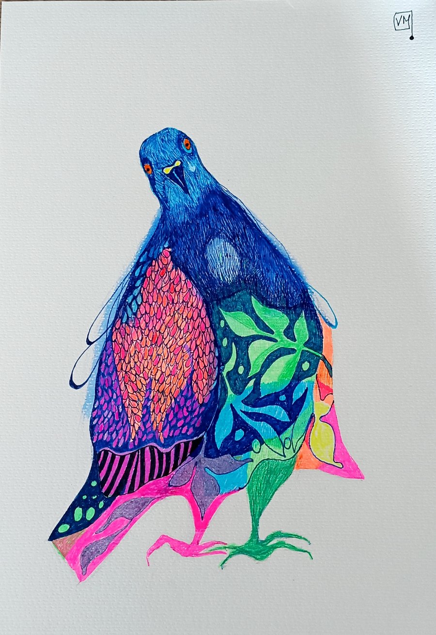 Abstract colourful pigeon, ink illustration on paper