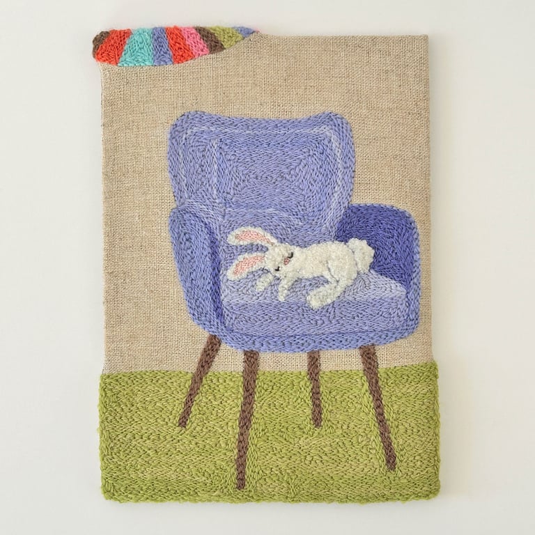 Sleepy Bunny On Chair, Original Textile Art