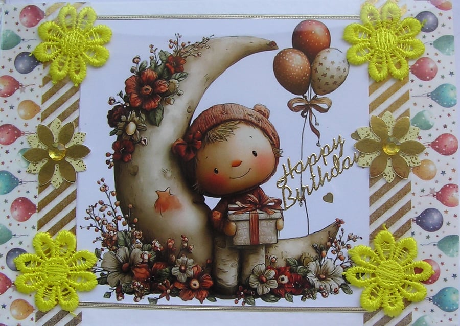 Cute Child - Hand Crafted Decoupage Greeting Card - Happy Birthday - 3790