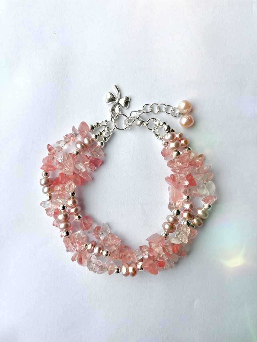 Freshwater Pearl, Strawberry Quartz Bracelet 