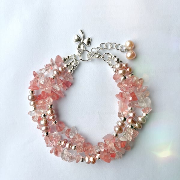 Freshwater Pearl, Strawberry Quartz Bracelet 
