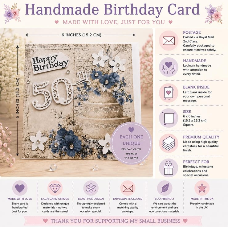 Handmade 50th Birthday Card Vintage Floral Cake... - Folksy