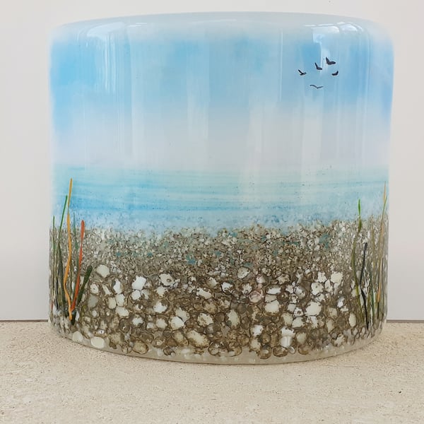 Fused glass curve freestanding panel, seaside beach scene