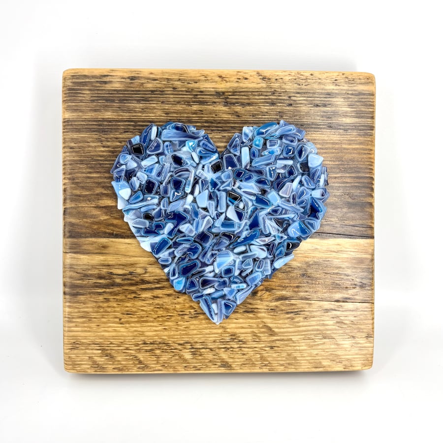 Opaque Blue Crushed Glass Heart on Reclaimed Wood