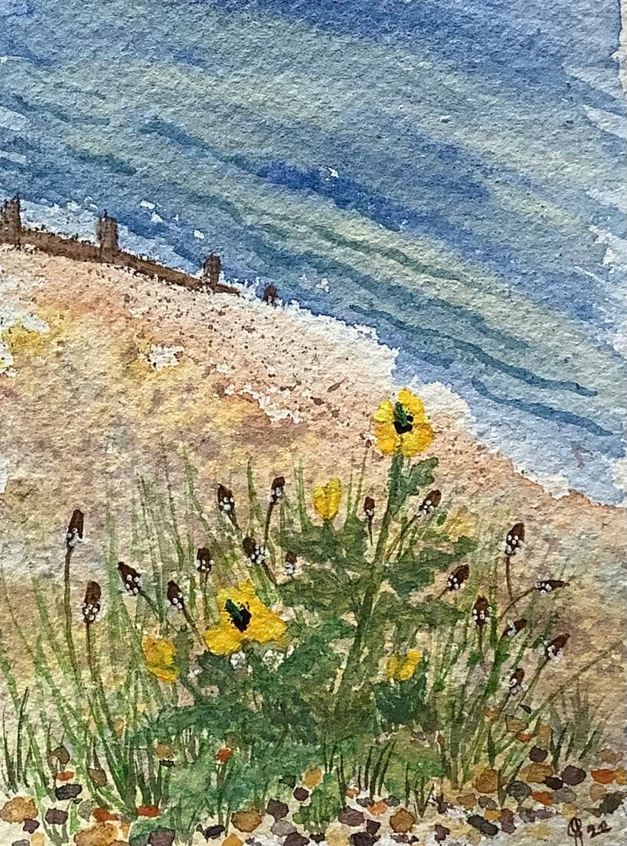 Yellow poppy on beach hand painted art