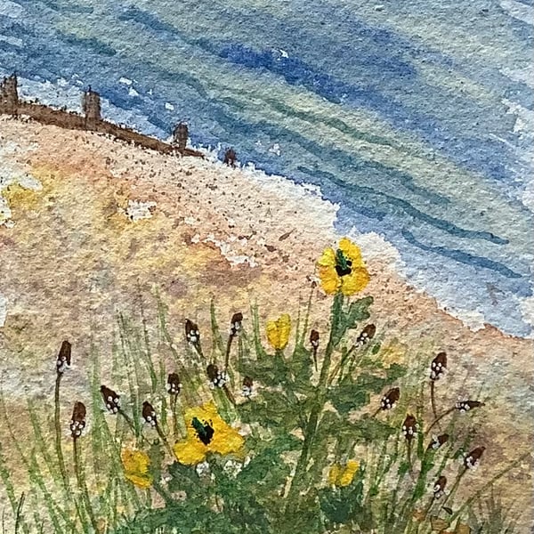 Yellow poppy on beach hand painted art