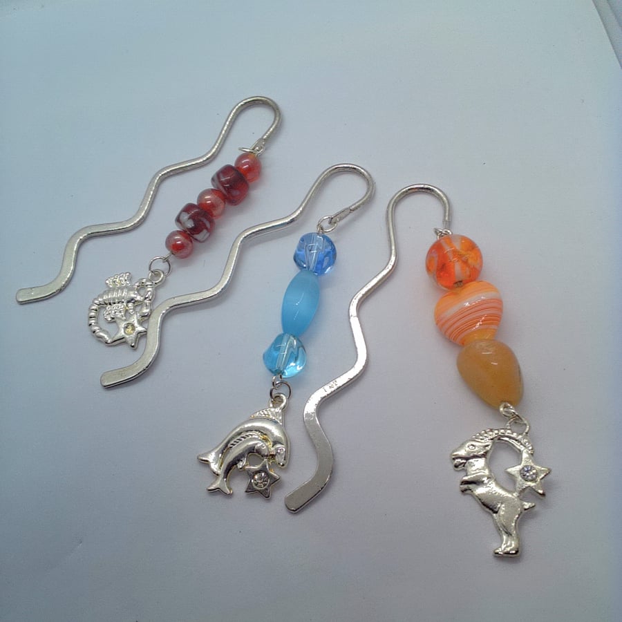 Beaded Silver Plated Bookmark With Silver Zodiac Sign Charm, Teacher's Gift