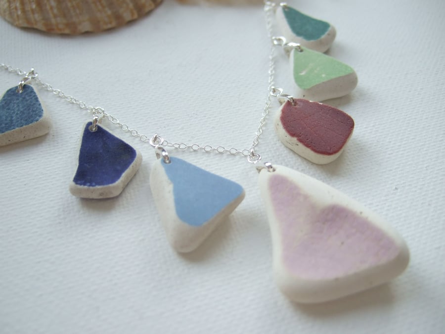 Scottish sea pottery necklace, beach pottery, rainbow necklace 18" sterling