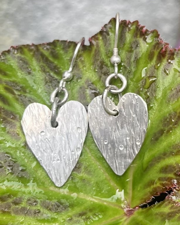Handmade Sterling Silver 925 Hammered Heart Drop Earrings