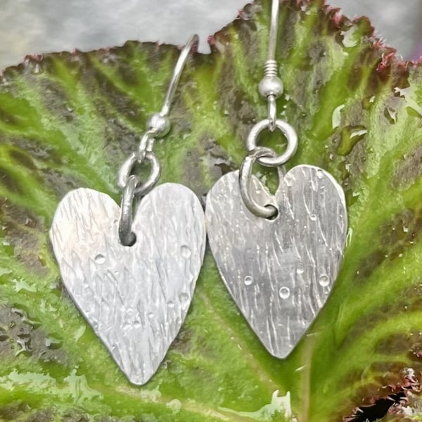 Handmade Sterling Silver 925 Hammered Heart Drop Earrings