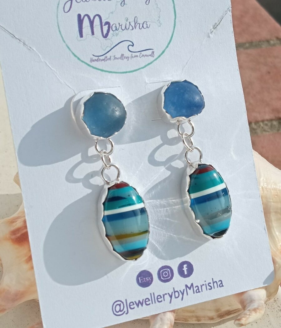 Surfite Earrings Fine & Sterling Silver Blue Seaglass Jewellery Gift Upcycled