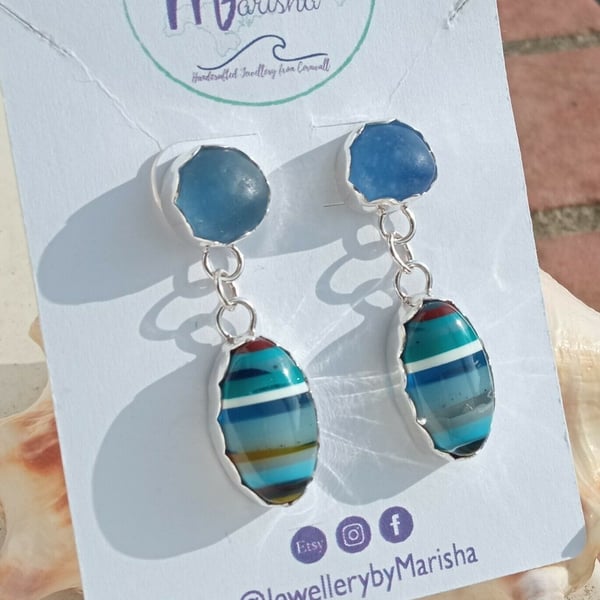 Surfite Earrings Fine & Sterling Silver Blue Seaglass Jewellery Gift Upcycled