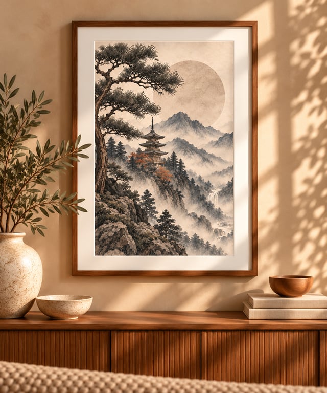 Temple Through the Pines Wall Art - Japandi Retreat Print (Physical Print)