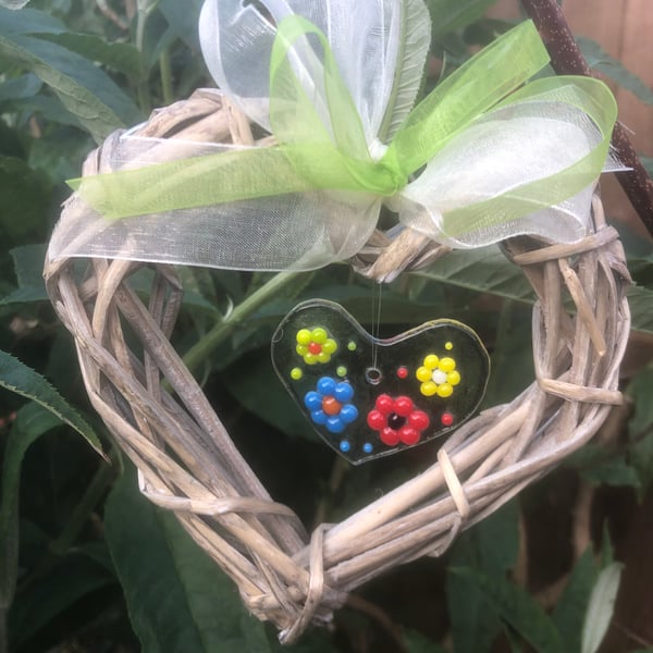 Wicker and glass fused hanging heart - perfect gift